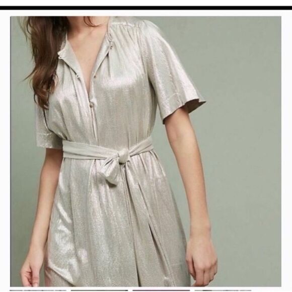 Sabina Musayev Shimmer Short Sleeve V Neck Waist Tie Dress - Picture 2 of 11